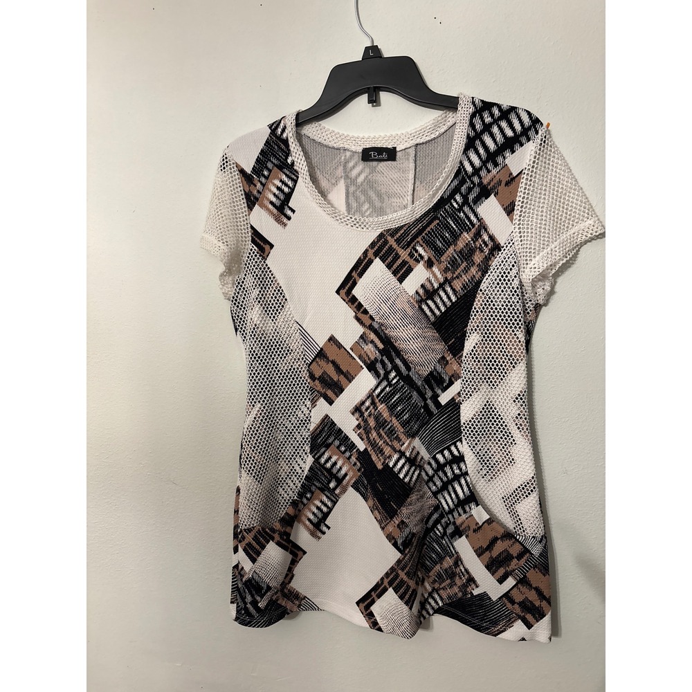 Bali Corp Short Sleeve Top Womens L White Tan Excellent Abstract Mesh Geometric